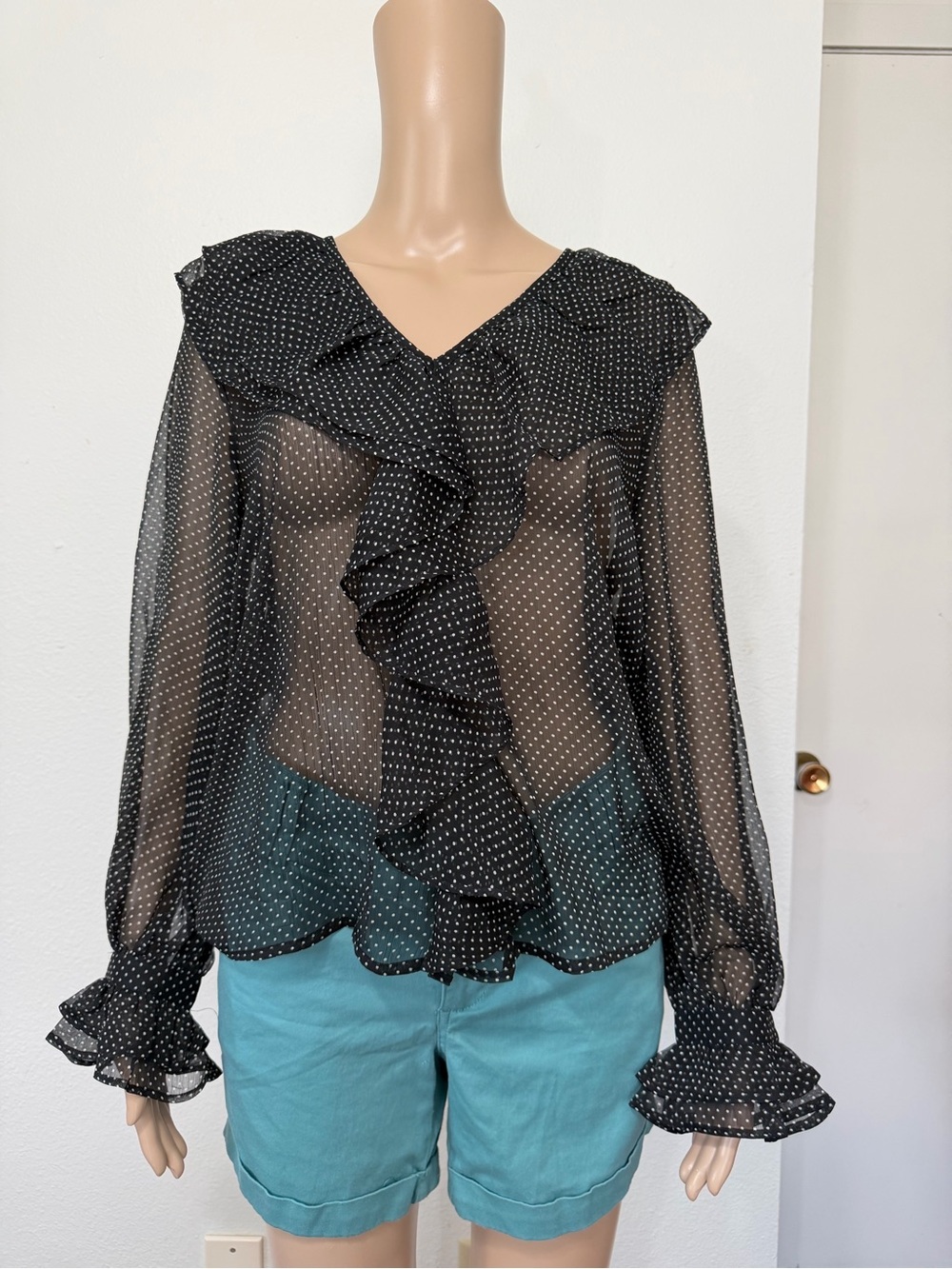 NWT MNG by Mango Black Sheer Polka Dot Ruffle Blouse Size 6